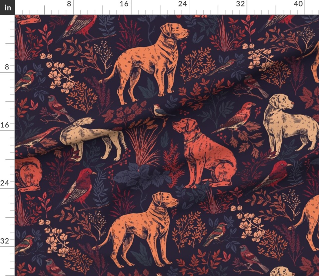 Hunting Dogs Wildlife Autumnal Nature Woodland Botanical Birds Sporting Dogs Large Scale Forest Hunting Earth Tones Animals Dogs Leaves Fall Custom Printed Fabric by Spoonflower Various Fabrics by the Yard or Fat Quarter